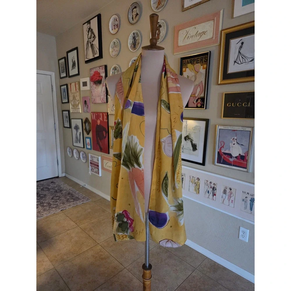 Lucinda 1995 Vintage Yellow Silk Vegetable Garden Print Scarf Botanical Art